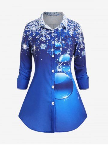 Plus Size Christmas Snowflake Ball Print Button Up Shirt - DEEP BLUE - 6XL