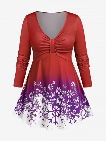 Plus Size Ruched Snowflake Print Empire Print Christmas T-shirt - RED - 1X