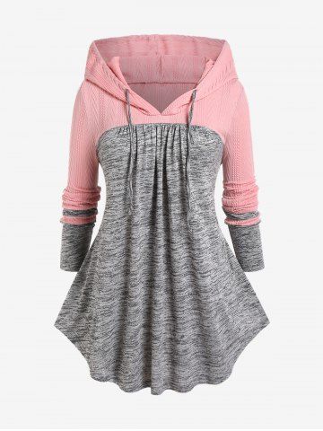 Plus Size Ruffles Ruched Two Tone Marled Textured Patchwork Drawstring Hoodie - GRAY - M | US 10
