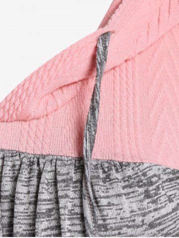 Plus Size Ruffles Ruched Two Tone Marled Textured Patchwork Drawstring Hoodie