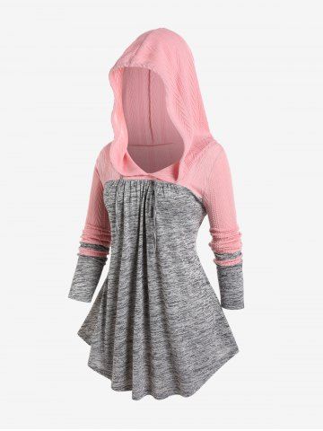 Plus Size Ruffles Ruched Two Tone Marled Textured Patchwork Drawstring Hoodie