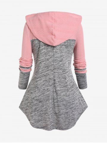 Plus Size Ruffles Ruched Two Tone Marled Textured Patchwork Drawstring Hoodie