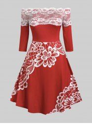 Plus Size Lace Panel Floral Print Off The Shoulder 1950s Dress -  