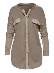 Textured Two Tone Color Mock Pocket Frilled Long Sleeve Top -  