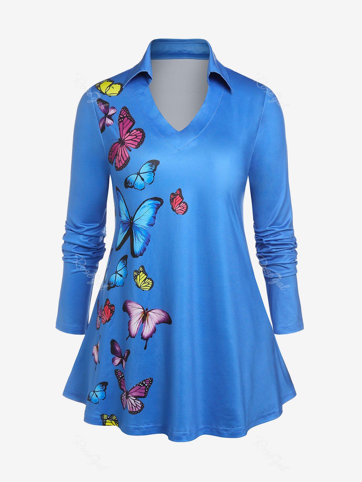 T-shirt Grande Taille à Imprimé Papillon à Col en V Bleu 5X