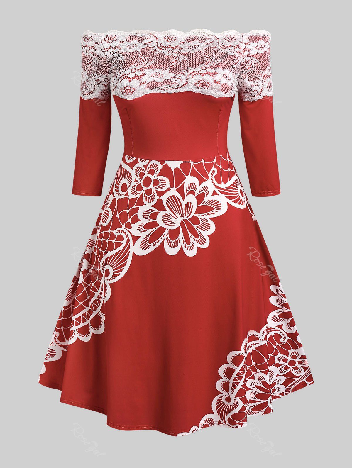 Fancy Plus Size Lace Panel Floral Print Off The Shoulder 1950s Dress  