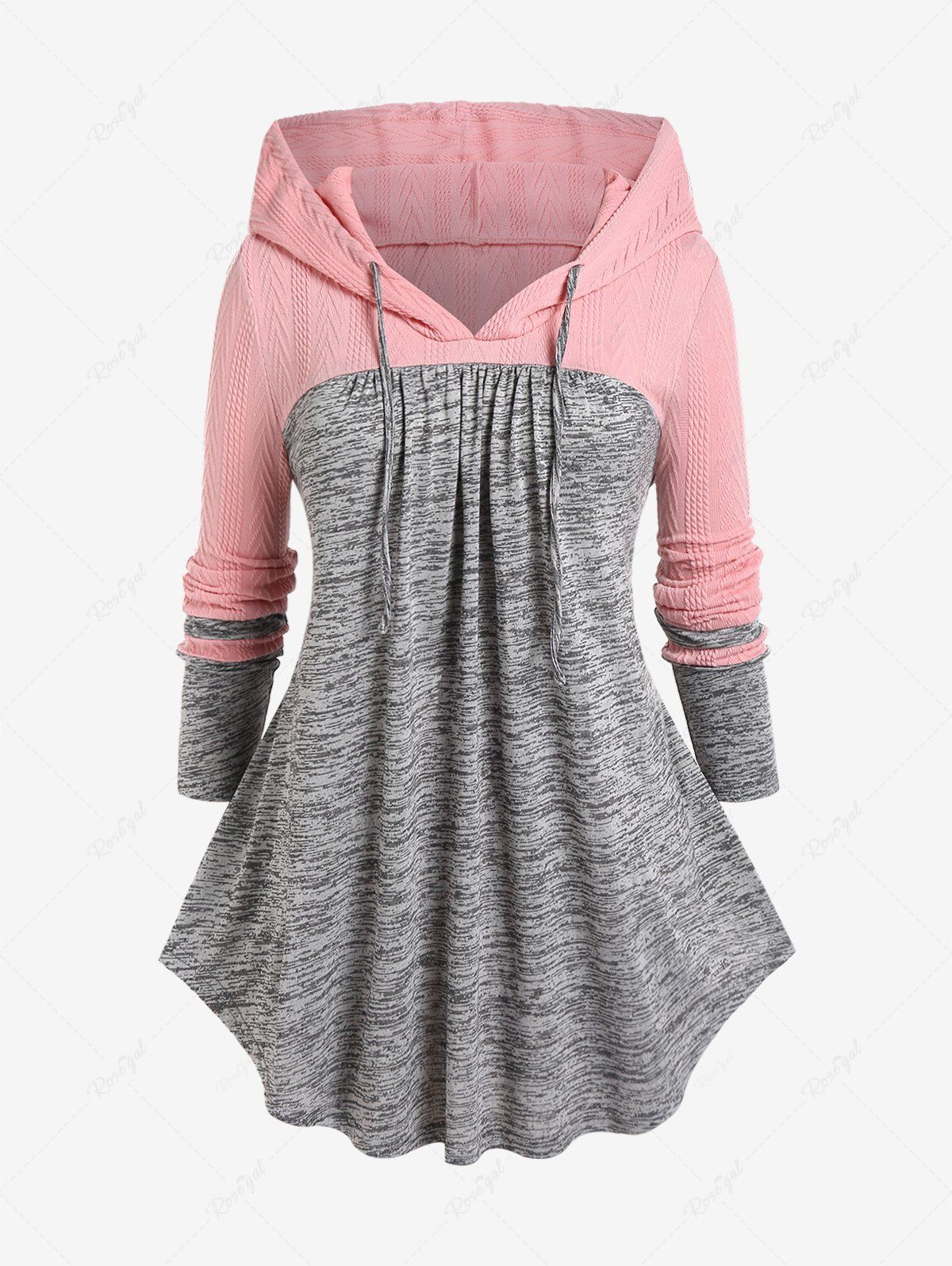 Online Plus Size Ruffles Ruched Two Tone Marled Textured Patchwork Drawstring Hoodie  