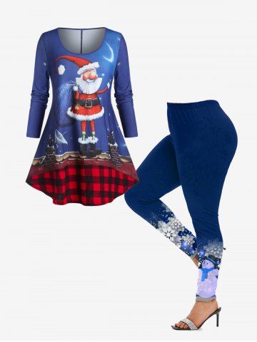 Christmas Santa Printed Plaid Panel T Shirt and Snowman Print Leggings Plus Size Outfits - BLUE