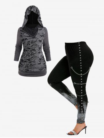 Gothic Ripped Design Ruched Hoodie and 3D Printed Leggings Outerwear Outfit - GRAY