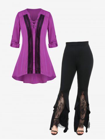 Crochet Panel Roll Tab Sleeve High Low Blouse and Lace Flare Pants Plus Size Outfit - PURPLE