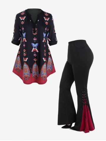 Roll Up Sleeve Butterfly Tribal Print Blouse and Lace Up Flare Pants Plus Size Outfit