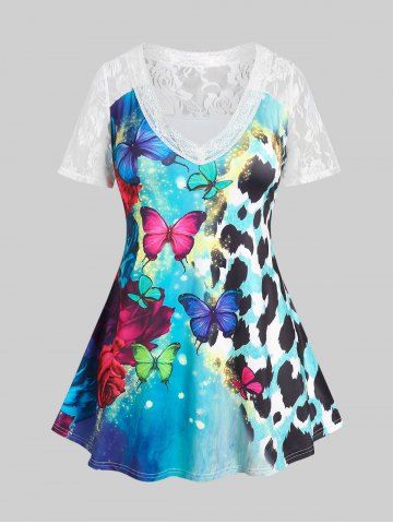 Plus Size & Curve Lace Panel Sheer Butterfly Cow Print Tee