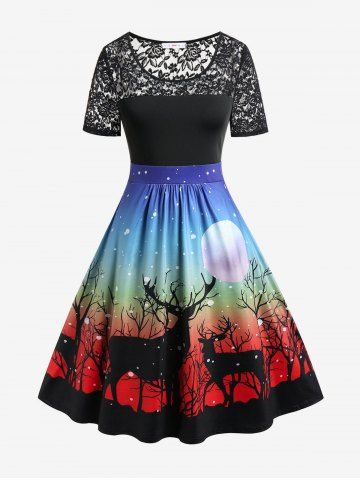 Plus Size Elk Print Lace Panel Christmas Midi Dress