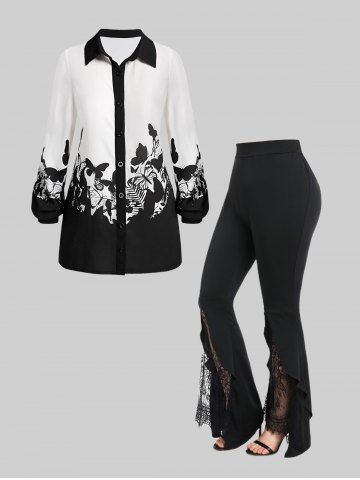 Monochrome Butterfly Print Shirt and Lace Panel Flare Pants Plus Size Outfit