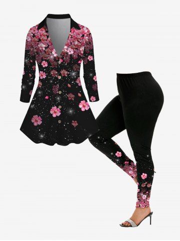 V Neck Floral Print Button Up Shirt and Skinny Leggings Plus Size Outfit - BLACK