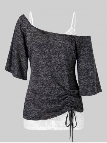 Plus Size Space Dye Cinched Tee and Lace Cami Top Set - GRAY - M | US 10