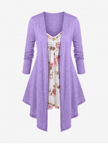 Plus Size Floral Print Faux Twinset Irregular Tee