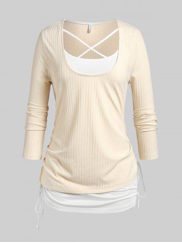 Plus Size Ribbed Tee and Cinched Crisscross Tank Top Set