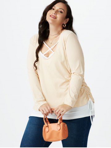 Plus Size Ribbed Tee and Cinched Crisscross Tank Top Set