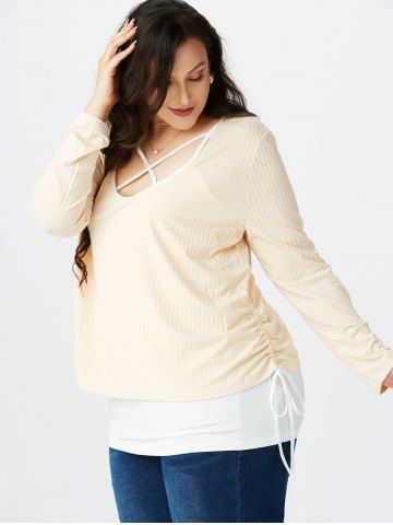 Plus Size Ribbed Tee and Cinched Crisscross Tank Top Set