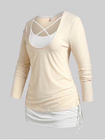 Plus Size Ribbed Tee and Cinched Crisscross Tank Top Set