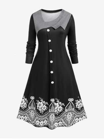 Plus Size Flower Printed Colorblock Long Sleeves A Line Midi Dress - BLACK - M