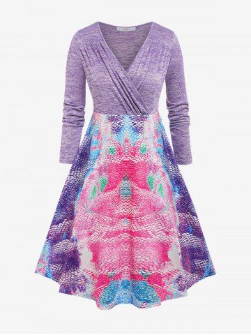 Plus Size Abstract Pattern Pleat Surplice Dress - LIGHT PURPLE - 4X