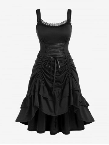 Plus Size Lace-trim Lace-up Layered Ruffled Cinched Ruched Sleeveless Midi Dress - BLACK - L | US 12