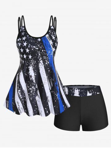 Plus Size American Flag Print Boyshorts Tankini Swimsuit - BLACK - 1X | US 14-16