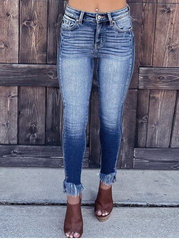 Frayed Tassel Hem Long Pencil Jeans - DEEP BLUE - S