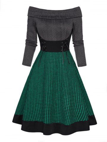 Cable Knit Plaid Print Panel Lace Up Foldover A Line Mini Dress - DEEP GREEN - S