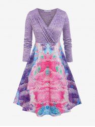 Plus Size Abstract Pattern Pleat Surplice Dress -  