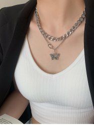Butterfly Double Layer Pendant Choker Necklace -  