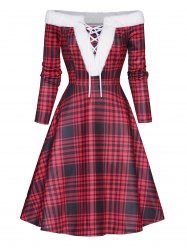 Christmas Off the Shoulder Faux Fur Panel Lace Up Long Sleeve A Line Midi Dress -  