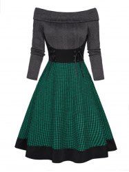 Mini Robe Ligne A en Tricot à Câble Panneau à Carreaux Imprimé à Lacets - Vert profond S