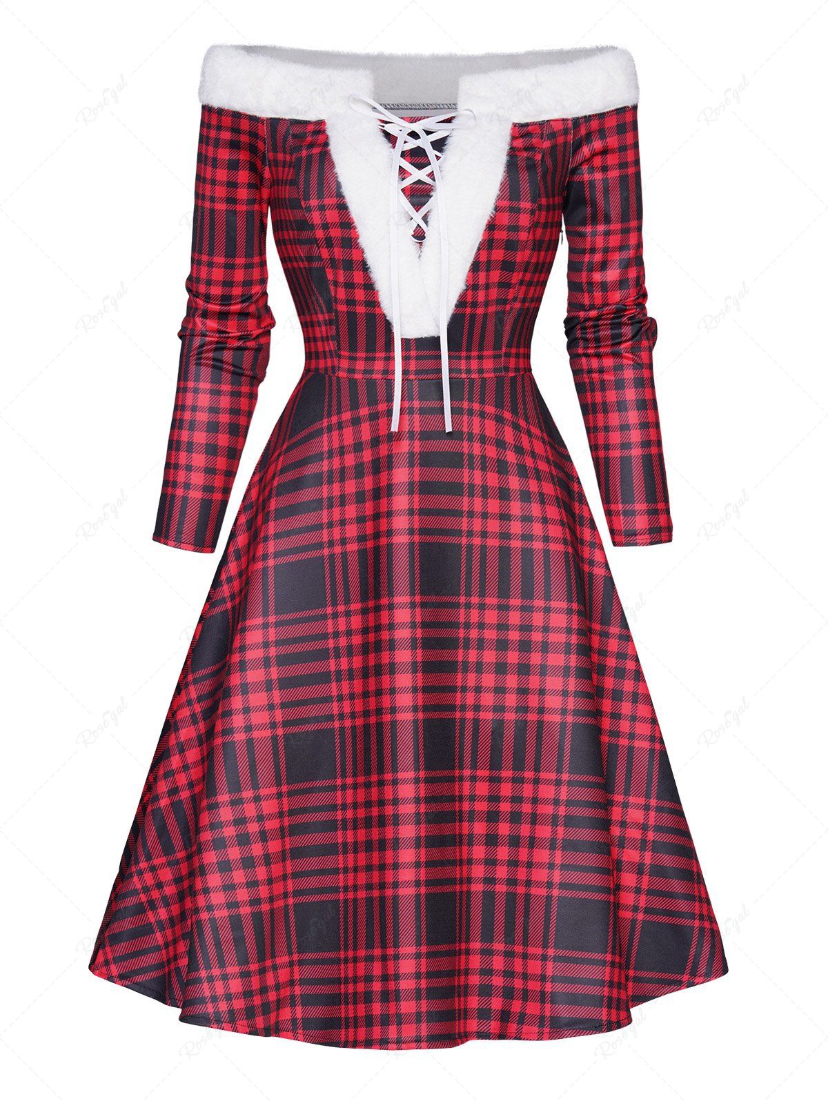 Discount Christmas Off the Shoulder Faux Fur Panel Lace Up Long Sleeve A Line Midi Dress  