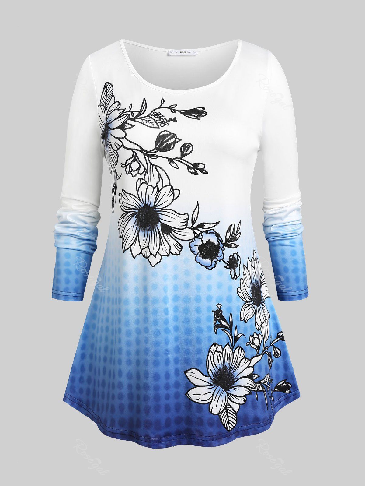 T-shirt en Couleur Ombrée à Imprimé Fleuri de Grande Taille Bleu L