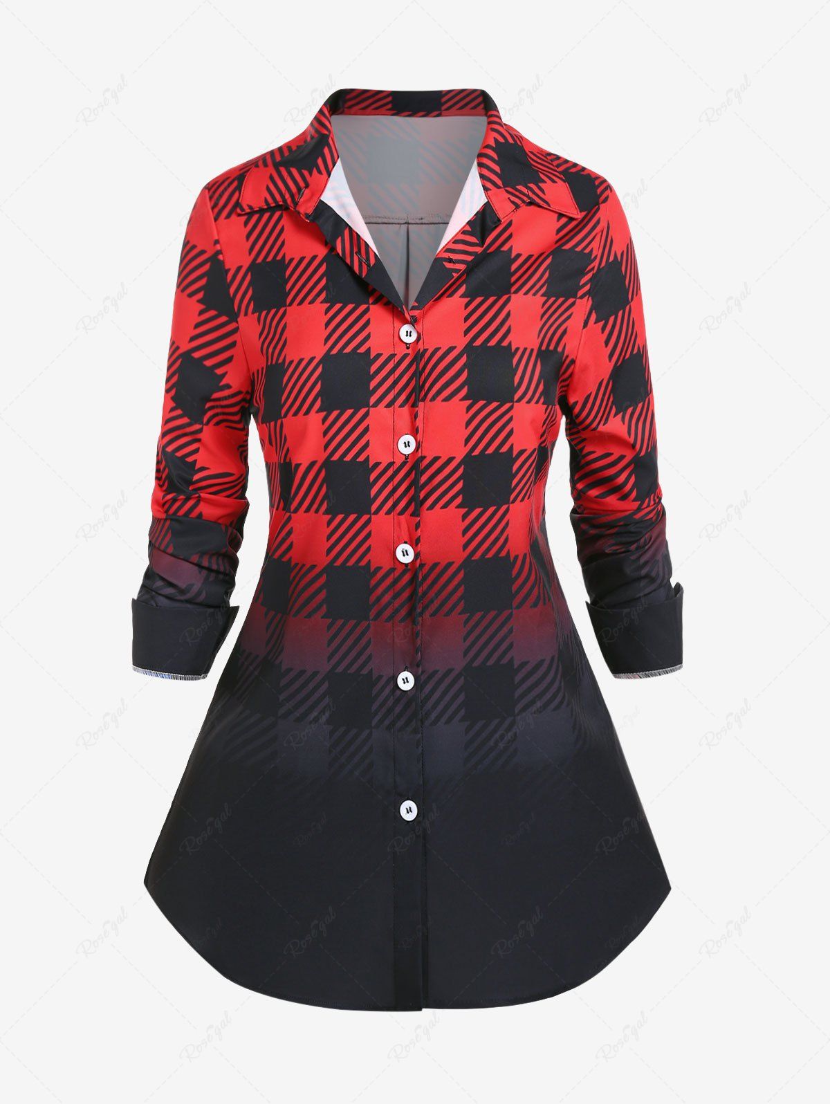 Affordable Plus Size Long Sleeves Plaid Ombre Shirt  