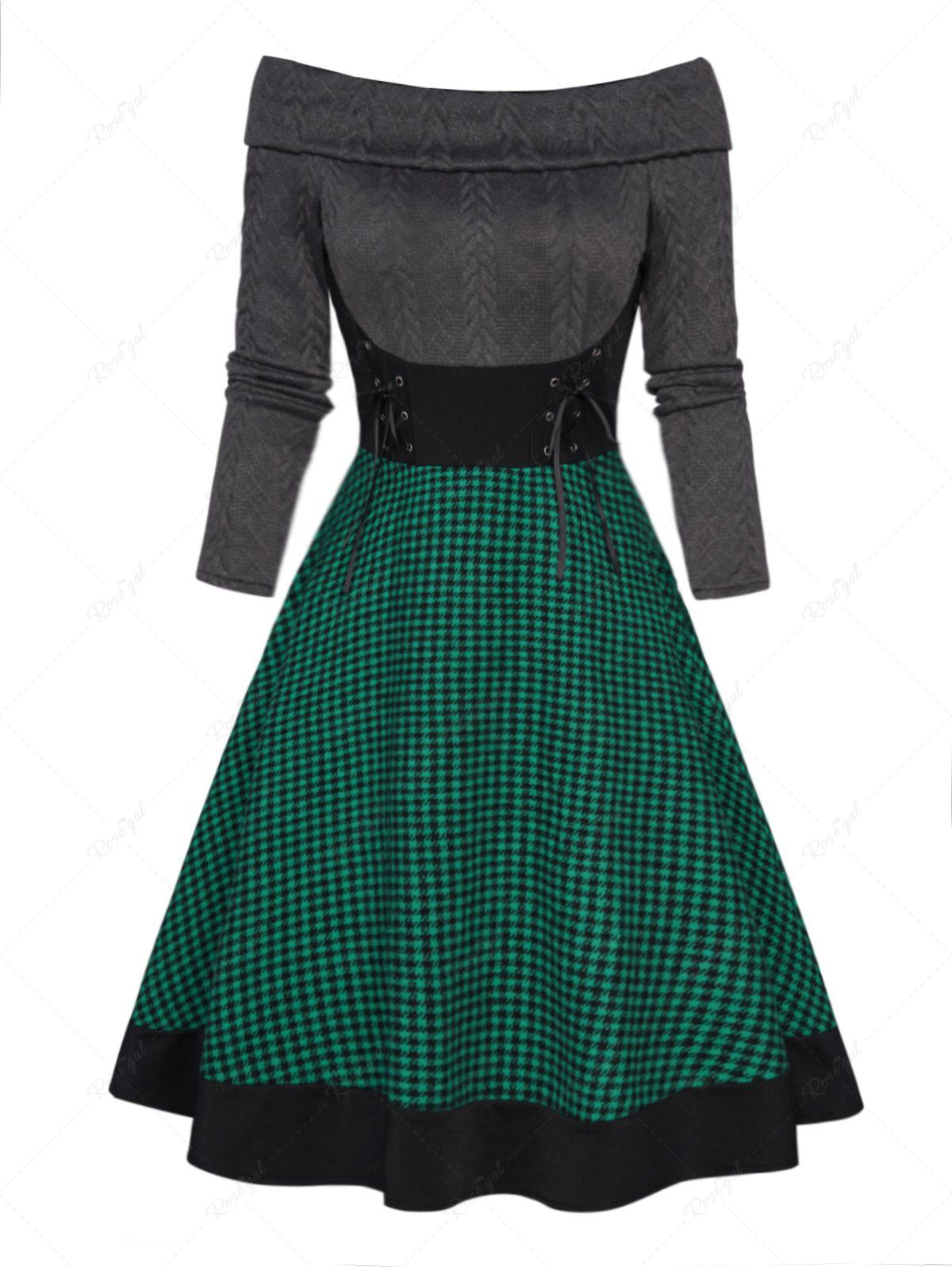 Mini Robe Ligne A en Tricot à Câble Panneau à Carreaux Imprimé à Lacets Vert profond XL