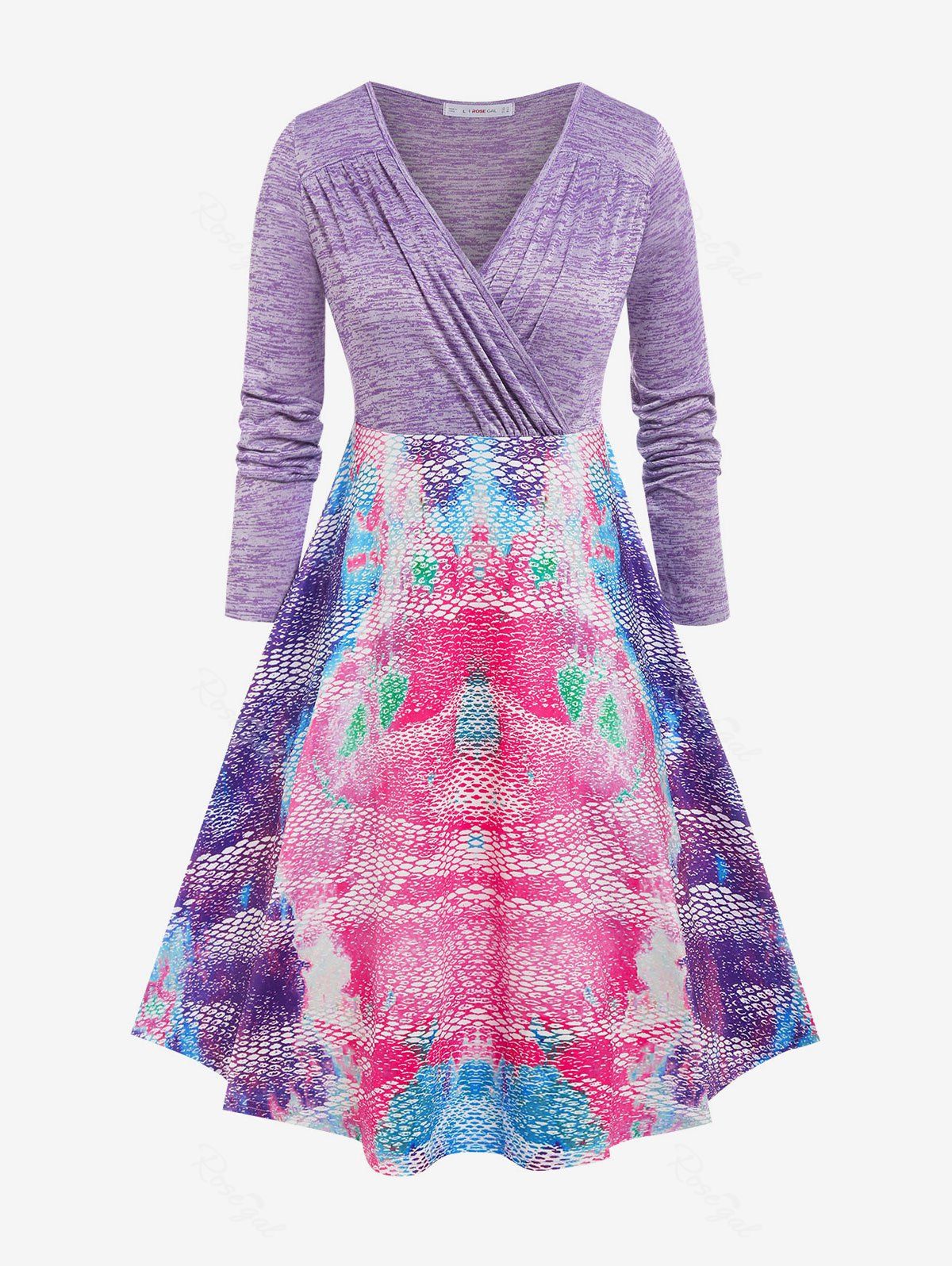 Robe Superposée Plissée Motif Abstrait de Grande Taille Violet clair 2X