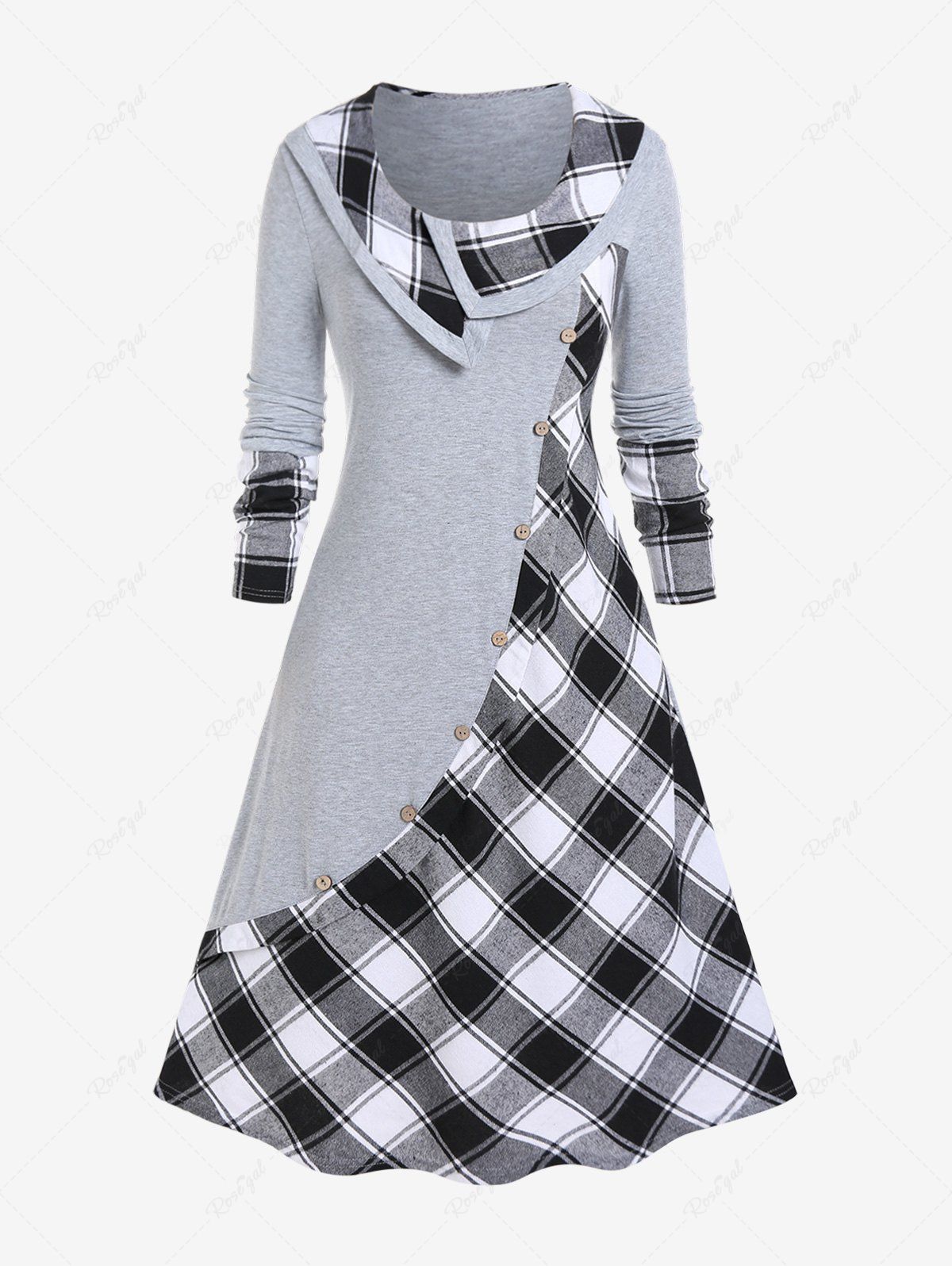 Chic Plus Size Plaid Colorblock Long Sleeves A Line Midi Dress  
