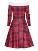 Christmas Off the Shoulder Faux Fur Panel Lace Up Long Sleeve A Line Midi Dress -  