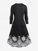 Robe Mi-Longue Ligne A à Imprimé Fleur en Blocs de Couleurs de Grande Taille à Manches Longues - Noir XXL