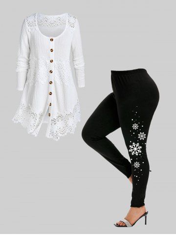 Lace Panel Cable Knit Solid Cardigan and Snowflake Print Leggings Plus Size Outfit - WHITE