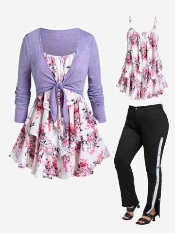 Plus Size Floral Layered Tank Top+Tie Cropped Tee Set and Buttons Jeans Outfit - PURPLE