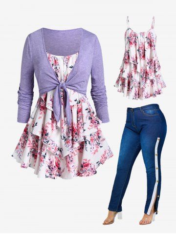Plus Size Floral Layered Tank Top+Tie Cropped Tee Set and Buttons Jeans Outfit - BLUE