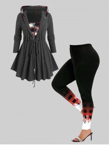 Plaid Zipper Fly Hooded 2 in 1 Coat and High Rise Plaid Snowflake Leggings Plus Size Outerwear Outfit - GRAY