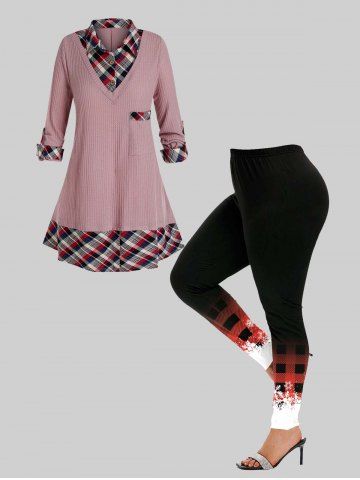 2 In 1 Plaid Shirt Collar Sweater and High Rise Plaid Snowflake Plus Size Outerwear Leggings - LIGHT PINK