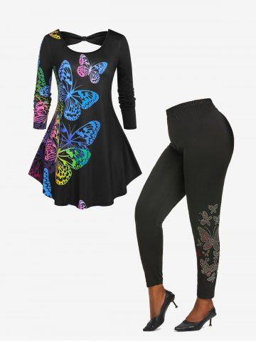 Cutout Colorful Butterfly Print T-shirt and Rhinestone Butterfly Embellished Leggings Plus Size Outfits