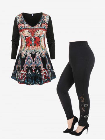 V Neck Tribal Print T-shirt and Lace Panel Buckles Flocking Lined Leggings Plus Size Outfits - BLACK